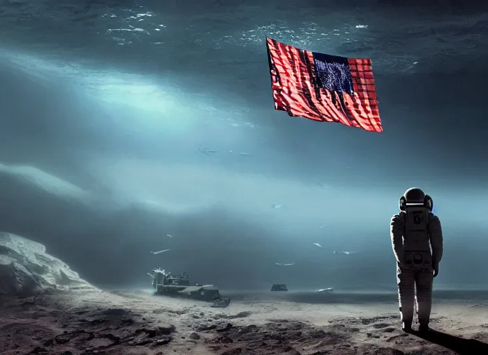 Image similar to astronaut holding a flag in an underwater desert. a submarine is visible in the distance. dark, concept art, cinematic, dramatic, atmospheric, 8 k, trending on artstation, blue, fish, low visibility, fog, ocean floor, christopher nolan, interstellar