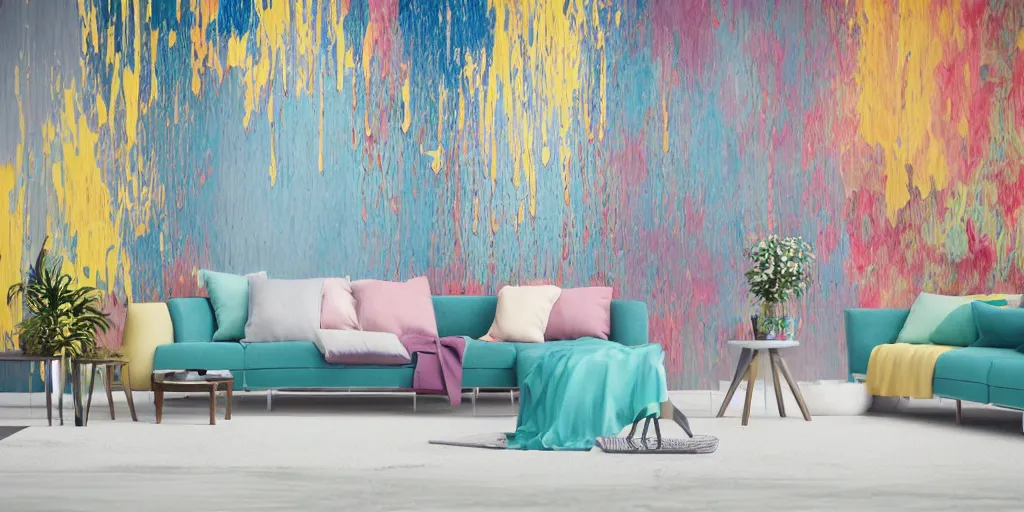 Prompt: a modern indoor room covered with insanel detailed splahing colorfull liquid oilpaint drips and growing wines on the walls, clean architecture, pastel colored, baroque, a couch, a couch table, daylight, peaceful, 8 k, octane render