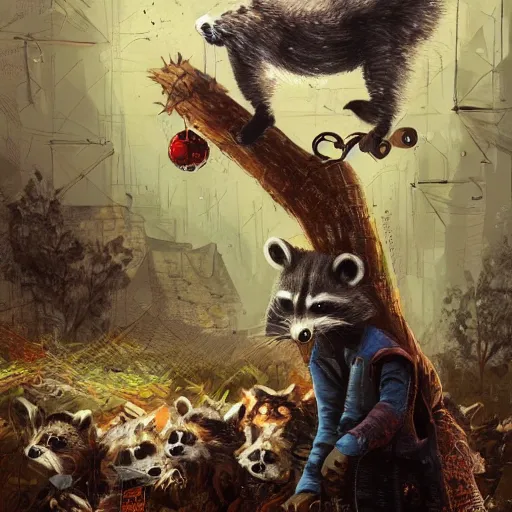 Prompt: Frank Dillane covered in raccoons, digital painting, old english, whimsical background by marc simonetti, artwork by liam wong