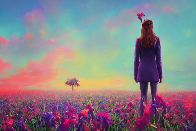 Image similar to closeup, giant gladiola flower head, girl in suit walking in field of flowers, surreal photography, sunrise, blue sky, dramatic light, impressionist painting, digital painting, artstation, simon stalenhag