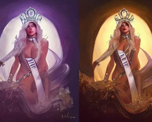 Image similar to lady gaga as miss universe, 8 k, deep focus, d & d, fantasy, intricate, elegant, highly detailed, digital painting, artstation, concept art, matte, sharp focus, illustration, hearthstone, art by artgerm and greg rutkowski and alphonse mucha