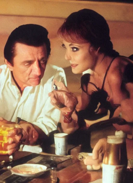 Image similar to a close - up, color cinema film still of a johnny cash talking to a beautiful hooters woman drinking whiskey at a hooters, ambient lighting at night.