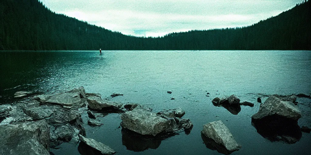 Image similar to rope in the water, in the middle of a rocky lake, eerie vibe, leica, 2 4 mm lens, cinematic screenshot from the 2 0 0 1 film directed by charlie kaufman, kodak color film stock, f / 2 2, 2 4 mm wide angle anamorphic