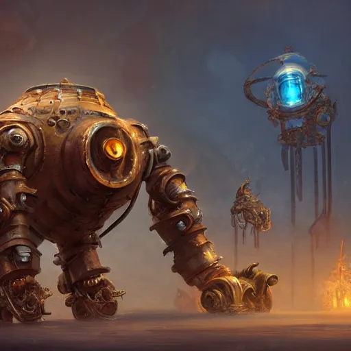 Image similar to a Steam powered mechanical golem, forward facing angle, studio background, concept art, character design, stunning 3d render , art by Tooth Wu and justin gerard and Blizzard studios, 8k octane beautifully detailed render, post-processing, extremely hyperdetailed, intricate complexity, epic composition, grim yet sparkling atmosphere, masterpiece, trending on artstation