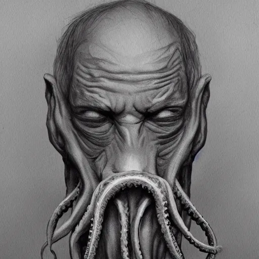 Image similar to eerie portrait of creepy pale old man with fish like facial features and gilles in his neck, painted, fish man, tentacles, trending on art station, love craftian, dark lighting