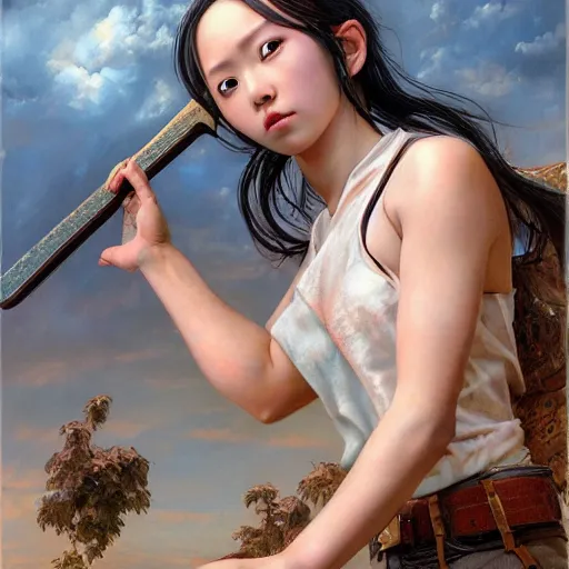 Prompt: Yuno Gasai staring into the camera holding an axe, professional modeling, looking down on the camera, detailed, centered, digital painting, artstation, concept art, donato giancola, Joseph Christian Leyendecker, WLOP, Boris Vallejo, Breathtaking, 8k resolution, extremely detailed, beautiful, establishing shot, artistic, hyperrealistic, beautiful face, octane render, cinematic lighting, dramatic lighting, masterpiece