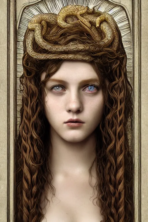 Image similar to Pre-raphaelite Perfectly-centered Hyperdetailed Hyper realistic symmetrical cinematic RPG digital art portrait-illustration of beautiful teenager Medusa in a highschool locker room, snakes for hair, style of epic sci-fi comic-book cover, 3D rim light, octane, cgsociety, smooth, sharp focus