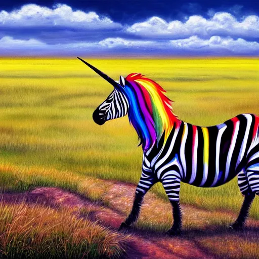 Prompt: unicorn with zebra stripes and rainbow mane and golden horn on grassy african plains background detailed oil painting 4k