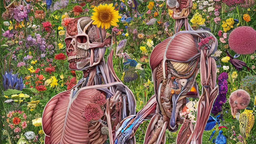 Prompt: highly detailed illustration of a human anatomy body surrounded by all the known species of flowers by juan gatti, by michael reedy!!, by moebius, by oliver vernon, by joseph moncada, by damon soule, by manabu ikeda, by kyle hotz, by dan mumford, by kilian eng