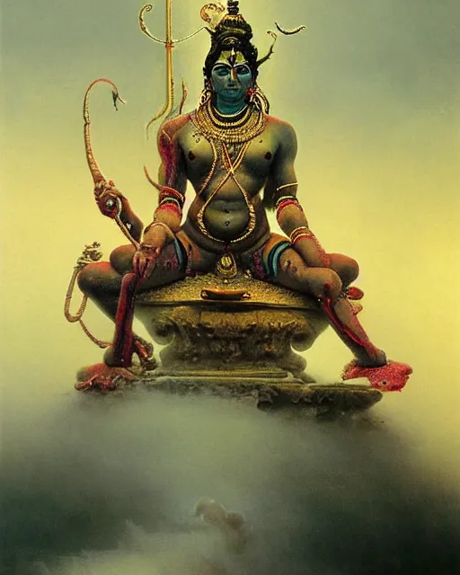 Prompt: One many-armed Shiva. Background in the colors of the rainbow. Drops of blood. High detail, hyperrealism, masterpiece, close-up, ceremonial portrait, solo, rich deep colors, realistic, art by Yoshitaka Amano, Ivan Aivazovsky, Giger