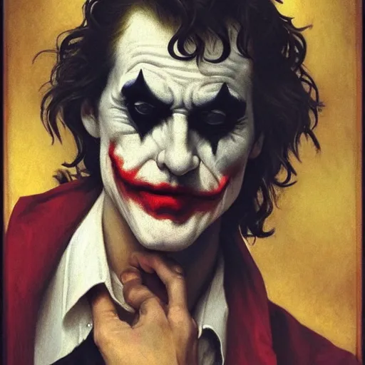 Prompt: joker, painted by bouguereau, intricate, detailed, atmospheric lighting, golden hour, full head shot