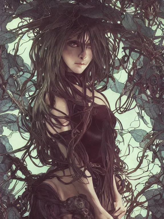 Image similar to full body picture of a witch with exoskeleton wanna play with you, cynical, bored, beautiful and aesthetic, intricate, unreal engine, messy hair, highly detailed, detailed face, smooth, sharp focus, chiaroscuro, manga illustration, artgerm, greg rutkowski, alphonse mucha, young adult light novel cover art