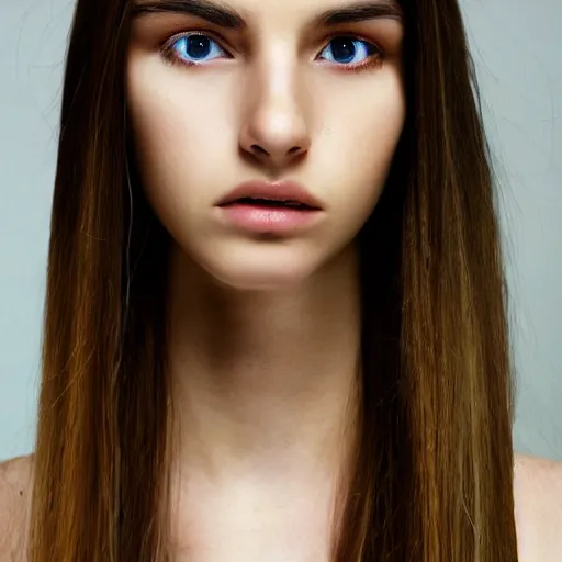 Image similar to brunette with long dyed blonde hair, 21 years old, 165 cm tall, 50% smaller nose, 30% smaller mouth, round shaped face, big forehead, lop eared, thin eyebrows, emerald eyes, darker skin, real life photograph