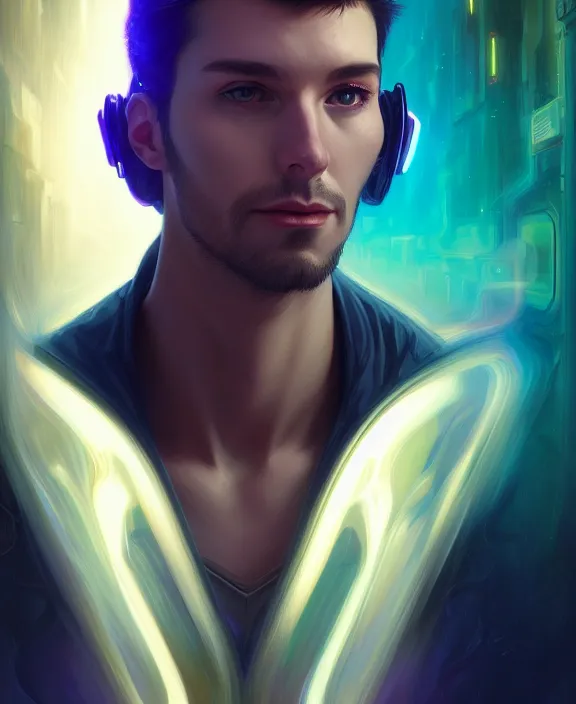 Image similar to a whirlwind inside the metaverse, guy, male, man, hologram, half body, neurochip, android, cyborg, cyberpunk face, by loish, d & d, fantasy, intricate, elegant, highly detailed, colorful, digital painting, artstation, concept art, art by artgerm and greg rutkowski and alphonse mucha