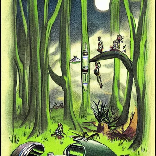 Prompt: spaceship landed in a lush forest, small creatures watching from the trees, science fiction vintage art