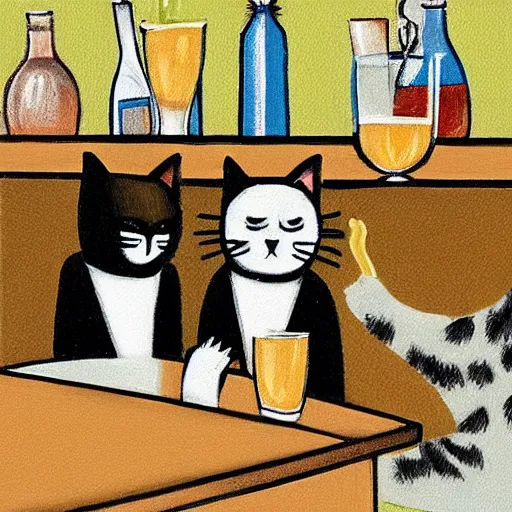 Prompt: three cats drinking in a bar, rotcho