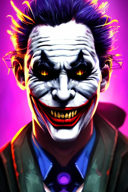 Image similar to a portrait of cyberpunk joker, grim - lighting, high - contrast, intricate, elegant, highly detailed, digital painting, artstation, concept art, smooth, sharp focus, illustration