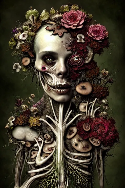 Image similar to very sad and detailed rotten woman corpse with fractal plants and fractal flowers and mushrooms growing around, face muscles, veins, arteries, bones, anatomical, skull, eye, ears, intricate, ornate, surreal, ray caesar, john constable, guy denning, dan hillier