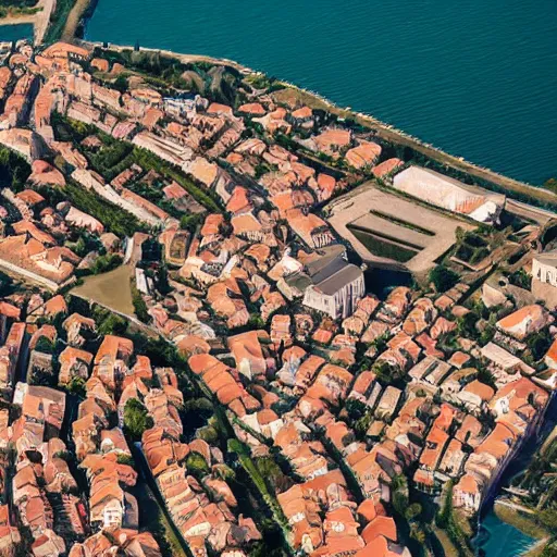 Prompt: Aerial view of a medieval port town