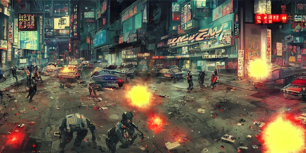 Prompt: 1990 Video Game Screenshot, Anime Neo-tokyo Cyborg bank robbers vs police, Set in Cyberpunk Bank Lobby, bags of money, Multiplayer set-piece :9, Police officers hit by bullets, Police Calling for back up, Bullet Holes and Blood Splatter, :6 ,Hostages, Smoke Grenades, Riot Shields, Large Caliber Sniper Fire, Chaos, Cyberpunk, Money, Anime Bullet VFX, Machine Gun Fire, Violent Gun Action, Shootout, Escape From Tarkov, Intruder, Payday 2, Highly Detailed, 8k :7 by Katsuhiro Otomo + Sanaril : 8