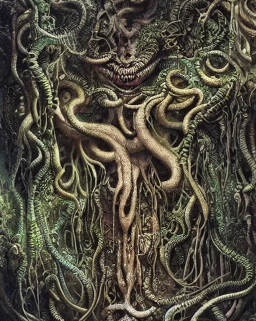 Prompt: highly detailed rendering of a smiling medusa in a primordial jungle cavern 8 k by ernst haeckel and hr giger and greg rutkowski