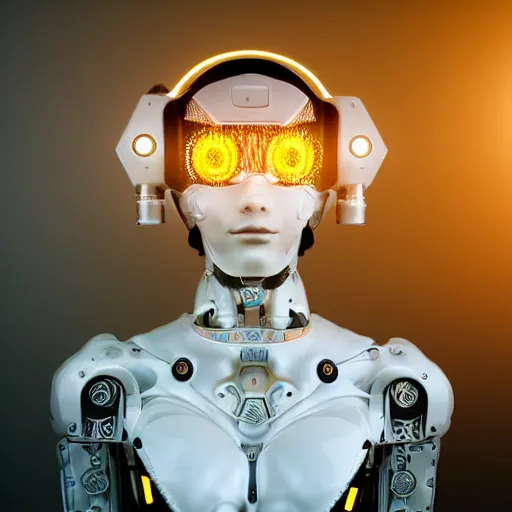 Prompt: beautiful centered Fine art photo portrait of Jordanian girl as a solarpunk robotic humanoid, arab mechanical parts with led lights, photorealistic, white background, highly detailed and intricate, sunset lighting, HDR 8k