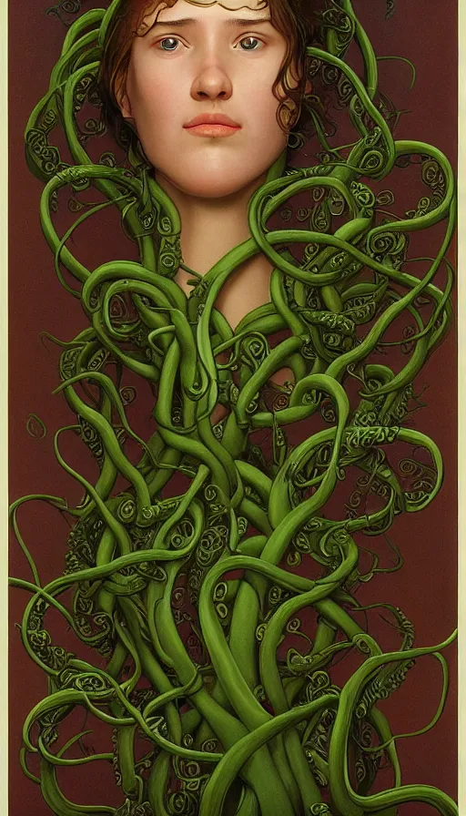 Image similar to very detailed portrait of a 2 0 years old girl surrounded by tentacles, the youg woman visage is blooming from fractal and vines, by thomas blackshear