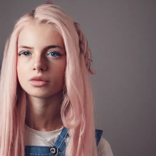 Image similar to beautiful woman with long blonde hair wearing dungarees and a light pink shirt, still, photograph, highly detailed