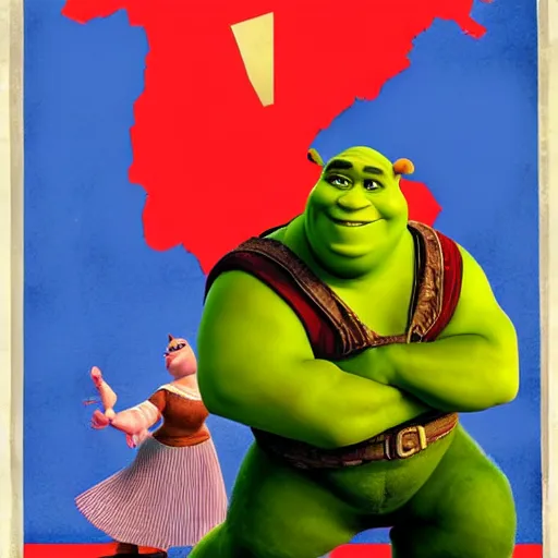 Prompt: shrek in a communist soviet propaganda poster