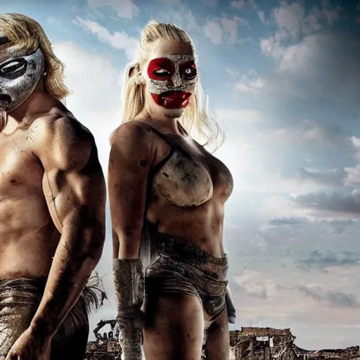 Image similar to a very huge, very big masked mutant man standing next to a small blonde woman. The mutant is huge very big very muscular. The woman is blonde and small, short. They are staring at the horizon where there are the ruins of a city, postapocalyptic, movie still