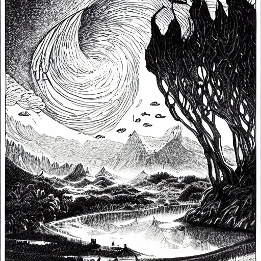 Prompt: impressive fantasy landscape, beautiful line art, pure b & w, etching illustration, square sticker, masterpiece