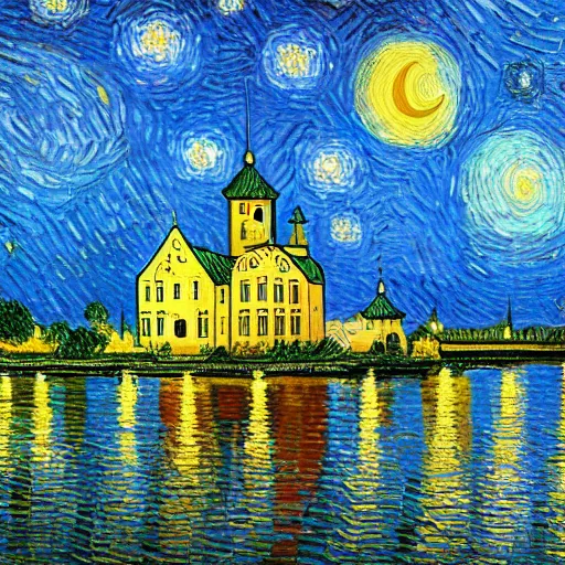 Image similar to Gripsholms castle in the style of van gogh