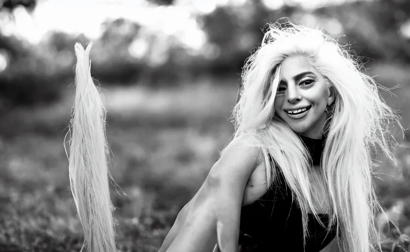 Image similar to IMG_975.raw, lady gaga ,beautiful composition, smiling at camera, 50mm f1.8, ambient light,