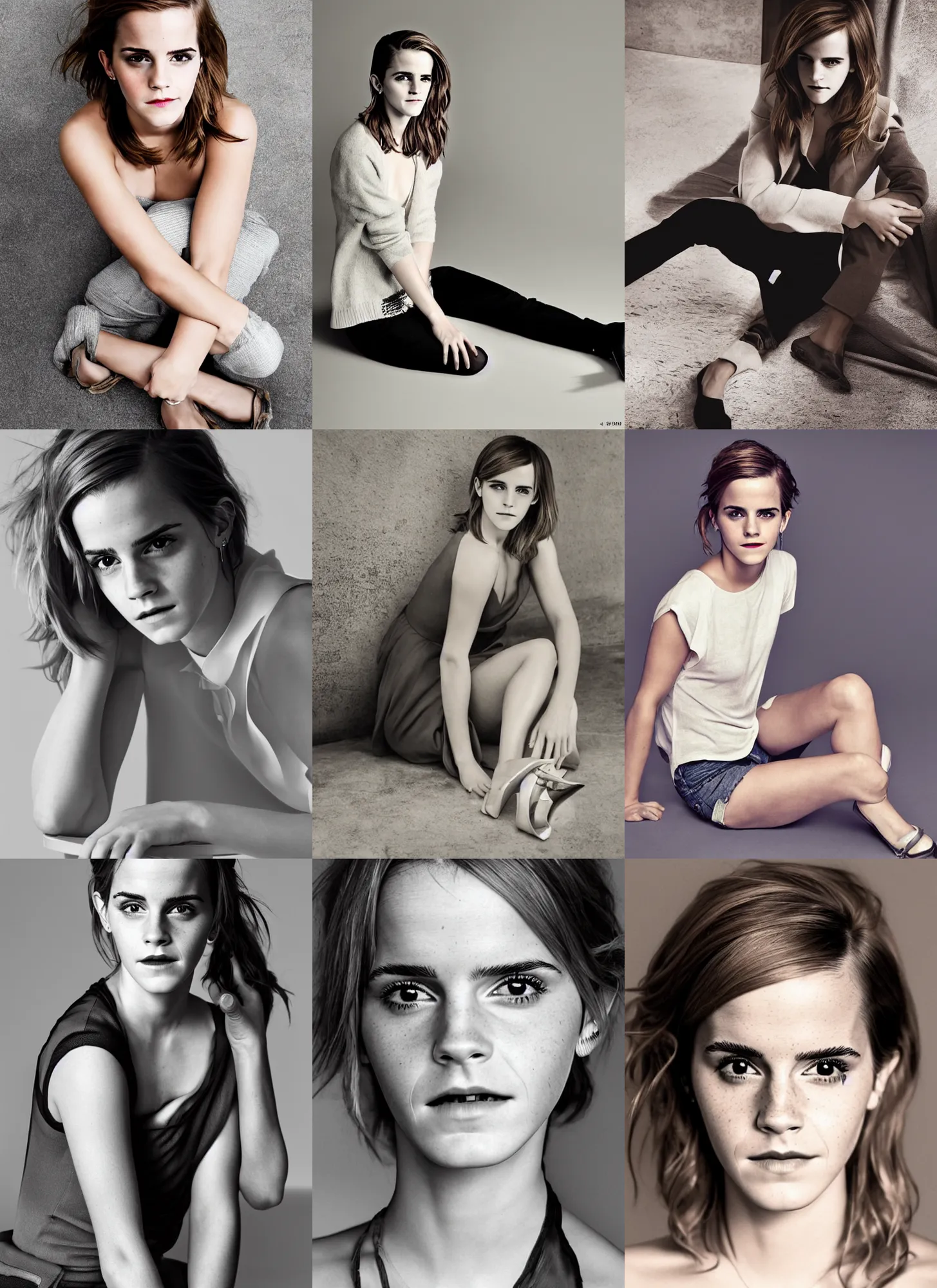 Prompt: Emma Watson sitting on the floor by Peter Hurley for GQ, XF IQ4, 150MP, 50mm, f/1.4, ISO 200, 1/160s, natural light, Adobe Photoshop, Adobe Lightroom, DxO Photolab, Corel PaintShop Pro, rule of thirds, symmetrical balance, depth layering, polarizing filter, Sense of Depth, AI enhanced, HDR
