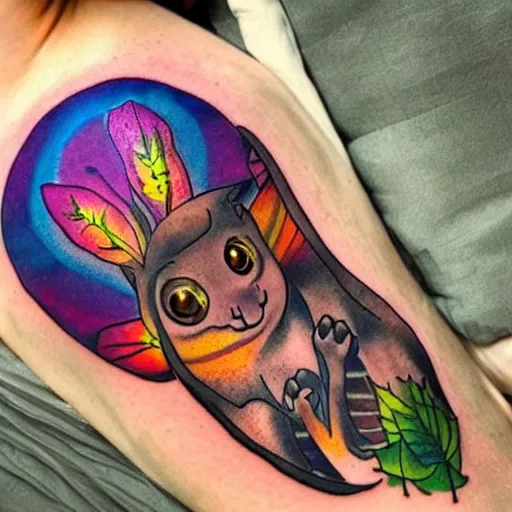 Prompt: shoulder tattoo of a multicolored hallucinogenis meditating cute bush baby, eyes are glowing rainbow spirals, long fur, happy mood, surrounded with colorful magic mushrooms and rainbow marihuana leaves, insanely integrate