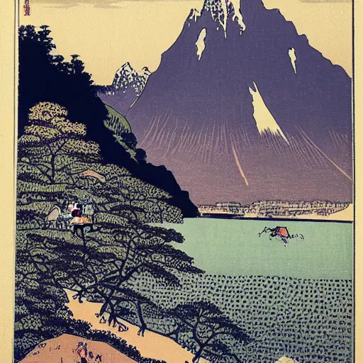 Prompt: Lauterbrunnen in the summer. woodblock print by Hokusai, masterpiece