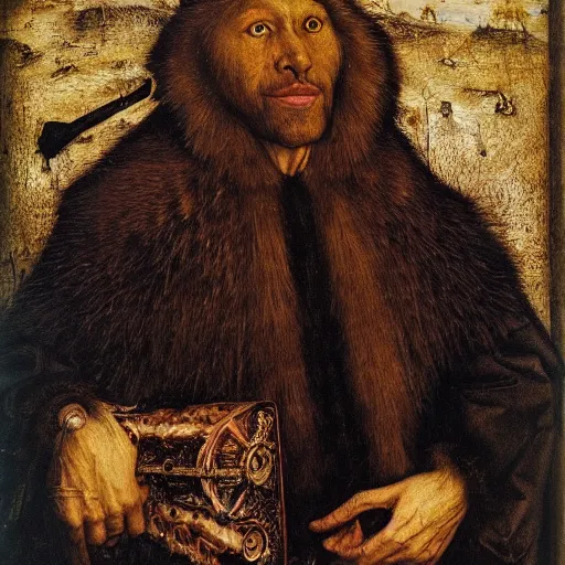 Image similar to portrait of wolf wolfman, oil painting by jan van eyck, northern renaissance art, oil on canvas, wet - on - wet technique, realistic, expressive emotions, intricate textures, illusionistic detail