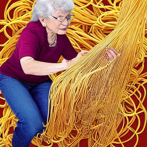 Image similar to grandma falling into a pit of spaghetti