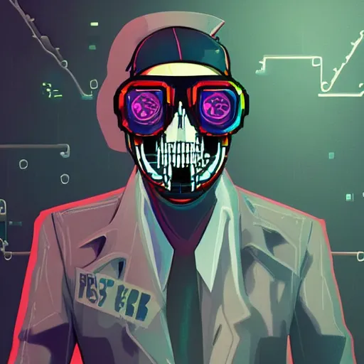Prompt: a skull face with goggles in a cyberpunk aesthetic with the word pixel written above