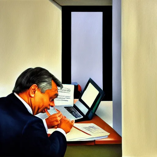 Prompt: viktor orban doing paperwork in a cubicle, oil painting