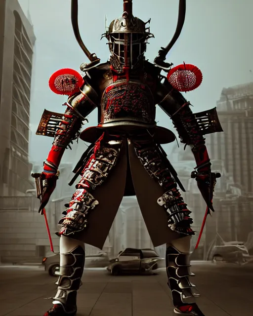 Prompt: photoreal professional character concept art, physically based octane render of a musicpunk samurai, wearing epic level 99 armour :: cinematic action posing, full view, epic, centered composition, beautiful, a vast orchestra chamber hall in the background