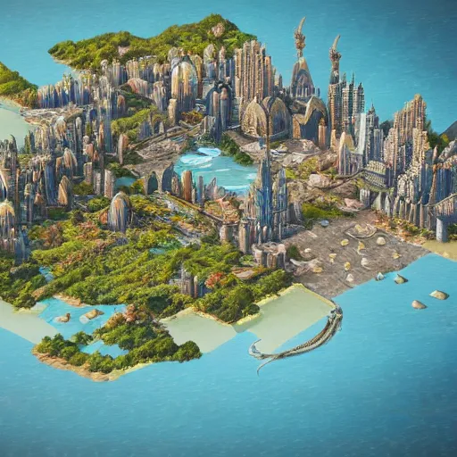 Image similar to Large Fantasy City in the middle of an island in the ocean, city plans