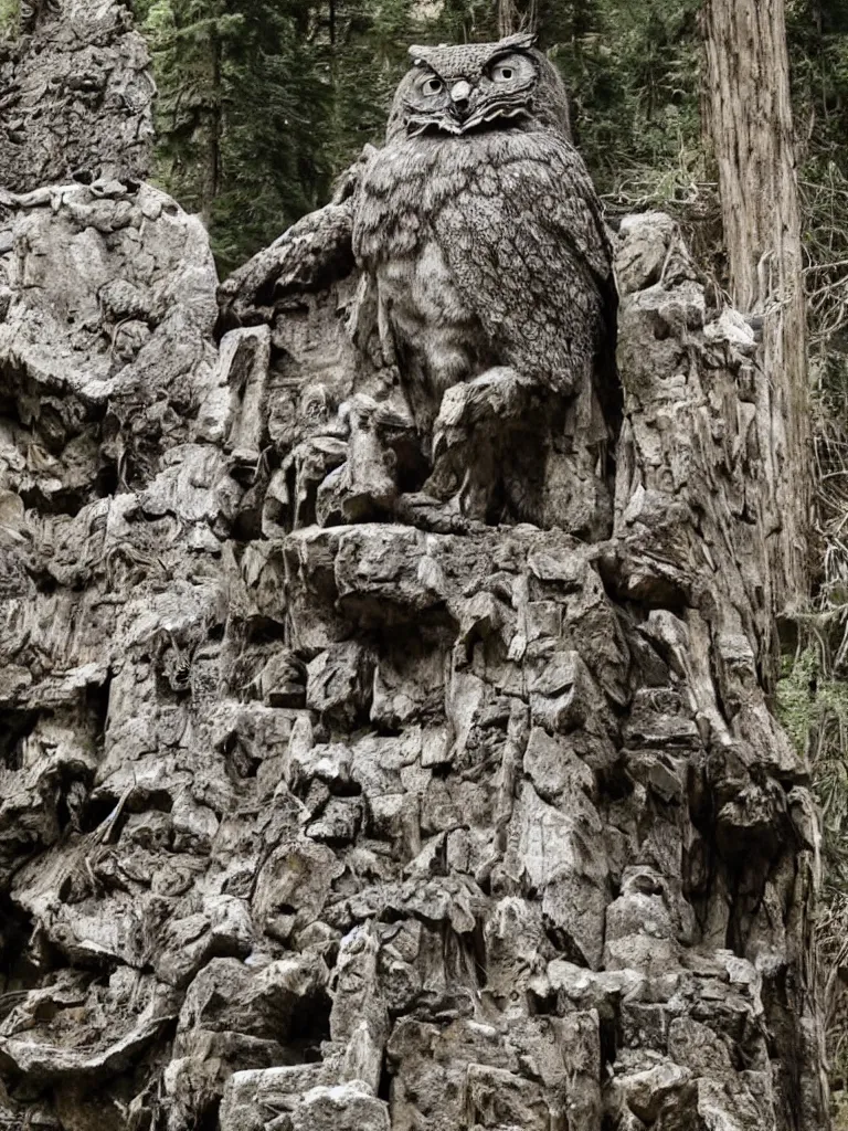 Prompt: A Ritual at the Colossal Stone Owl in Bohemian Grove