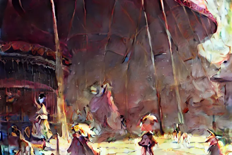 Image similar to close - up of young witches exploring small town carnival amusement, food stalls, big top circus tent, highly detailed, magical, japan, digital painting, concept art, matte, art by ruan jia and wlop and greg rutkowski and makoto shinkai, masterpiece