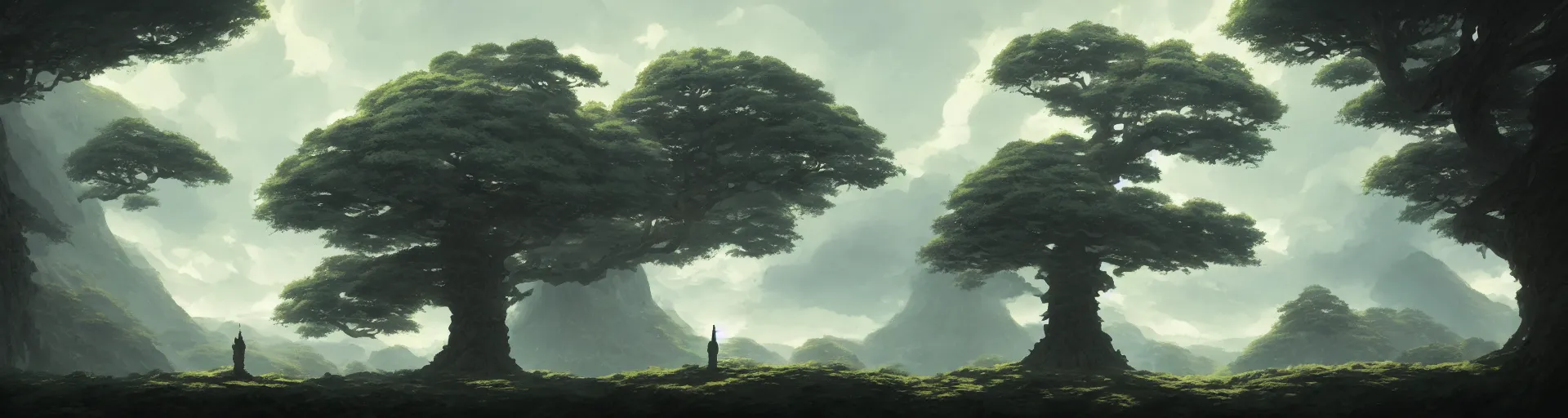 Prompt: a landscape of a single ancient ash tree, studio kyoto, castle in the sky, animated, anime, illustrated, by greg rutkowski, dungeons and dragons on artstation