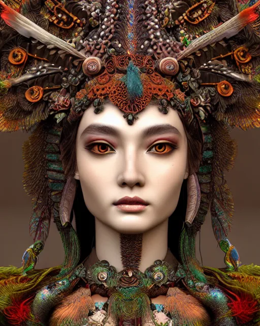 Image similar to 3 d warrior goddess close - up profile portrait. beautiful intricate highly detailed chuu!! magpie helm and richly embroidered blouse, quetzalcoatl, bioluminescent, plasma, lava, ice, feather, windy, artwork by tooth wu and wlop and annie leibovitz, octane 3 d render