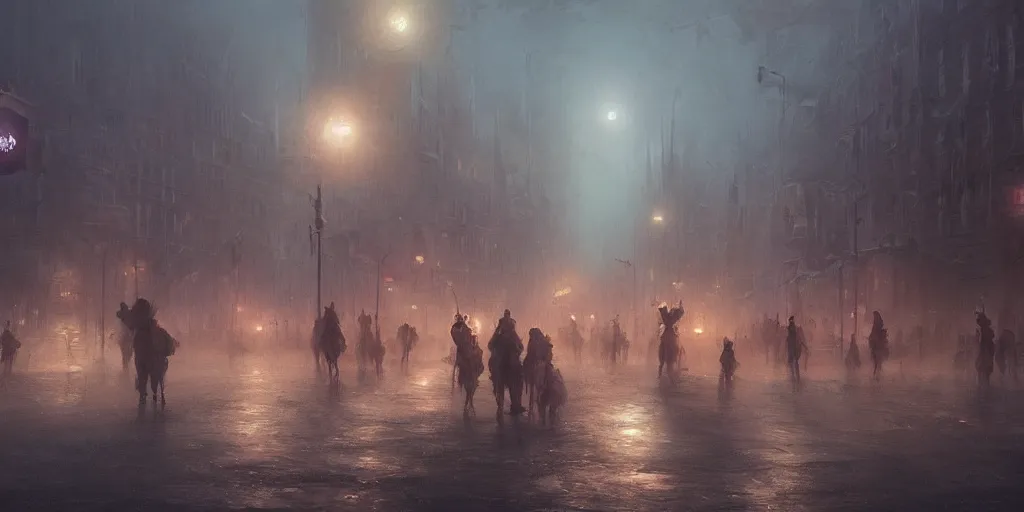 Prompt: a parade in a thick swirling fog, soft lighting, night, unreal engine, digital art, 8 k, oil painting, fantasy art, illustration, detailed and intricate environment