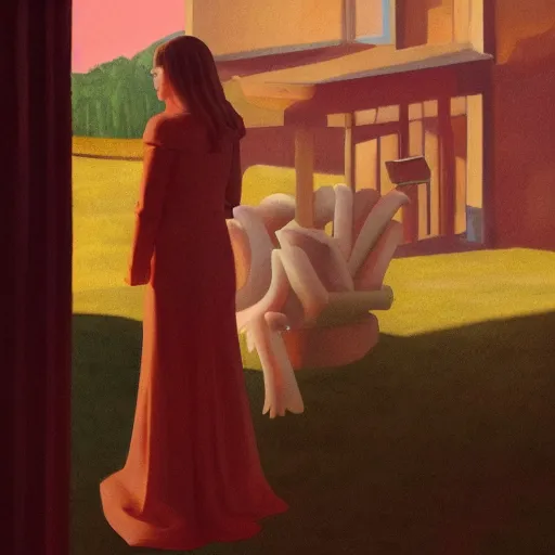 Prompt: Elle Fanning, head and shoulders masterpiece, in hell, golden hour, in a garden, artstation, in the style of Art Deco and Edward Hopper and Bosch, extremely detailed