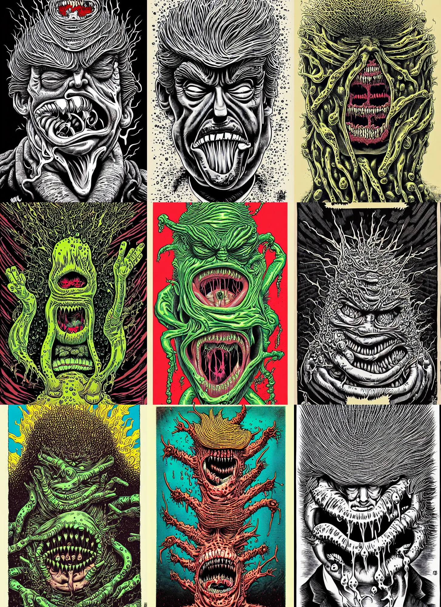 Prompt: donald trump's disgusting true form bursting from within, gross, slimy, sleazy, pustules, high details, intricate details, by dan mumford, 1 9 8 0 s, inking, vintage 8 0 s print, screen print