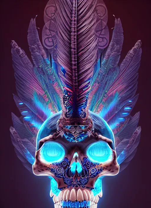 Image similar to 3 d shaman with tattoos profile portrait, sigma 5 0 0 mm f / 5. beautiful intricate highly detailed quetzalcoatl skull and feathers. bioluminescent, plasma, lava, ice, water, wind, creature, thunderstorm! artwork by tooth wu and wlop and beeple and greg rutkowski, 8 k trending on artstation,